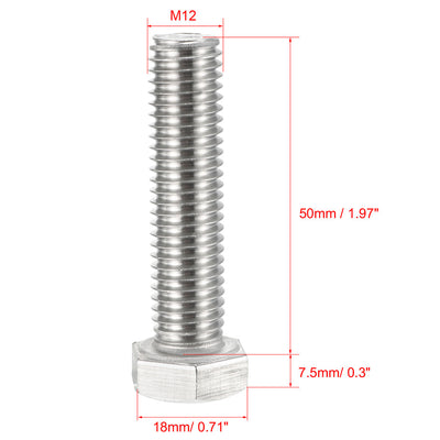 Harfington M12x50mm Hex Bolts 304 Stainless Steel Hexagon Screw Bolts 5pcs