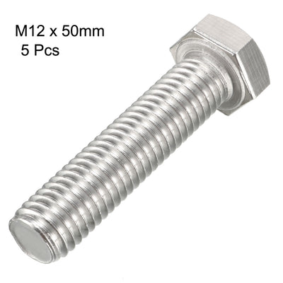 Harfington M12x50mm Hex Bolts 304 Stainless Steel Hexagon Screw Bolts 5pcs