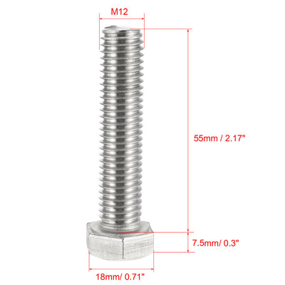 Harfington M12x55mm Hex Bolts 304 Stainless Steel Hexagon Screw Bolt 5pcs
