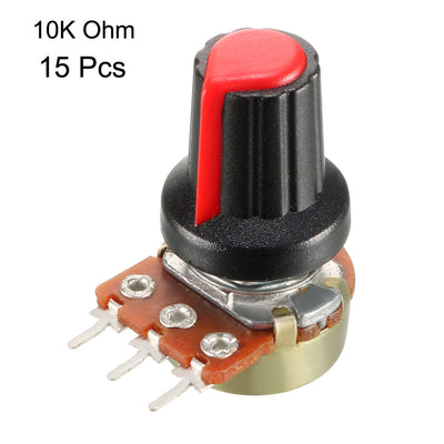 Harfington 15Pcs 10K Ohm Variable Resistors Single Turn Rotary Carbon Film Taper Potentiometer with Knobs