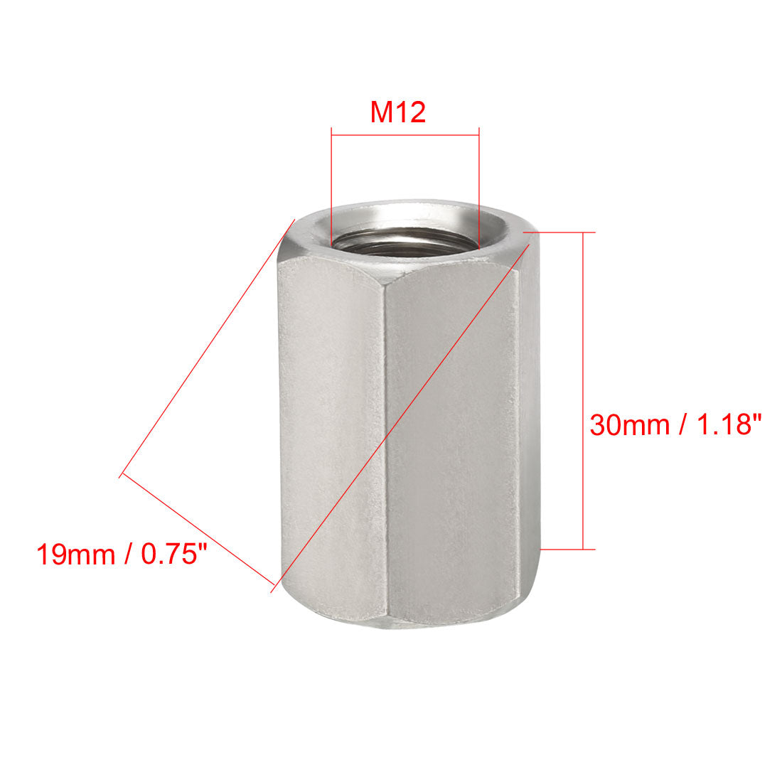 Harfington M12 X 1.75-Pitch 30mm Length 304 Stainless Steel Metric Hex Coupling Nut, 2 Pcs
