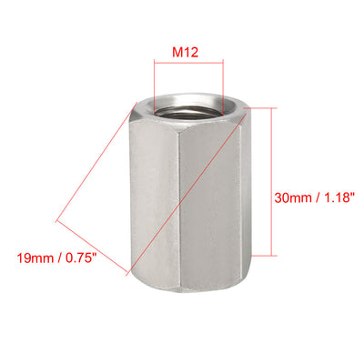 Harfington M12 X 1.75-Pitch 30mm Length 304 Stainless Steel Metric Hex Coupling Nut, 2 Pcs