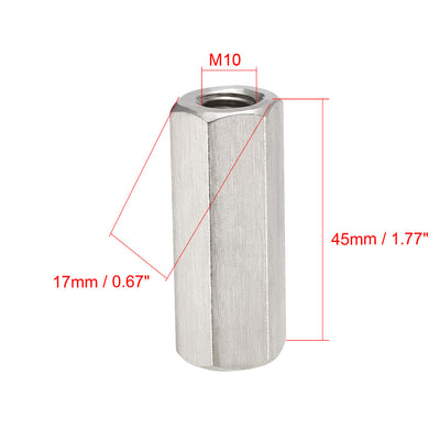 Harfington M10 X 1.5-Pitch 45mm Length 304 Stainless Steel Metric Hex Coupling Nut, 2-Pack
