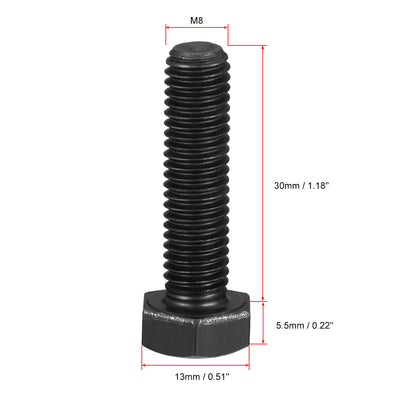 Harfington M8x30mm Hex Head Screw Bolts Fastener Grade 8.8 Carbon Steel Black 15pcs