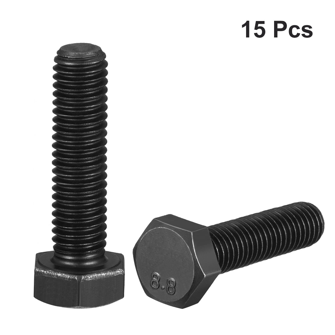 Harfington M8x30mm Hex Head Screw Bolts Fastener Grade 8.8 Carbon Steel Black 15pcs