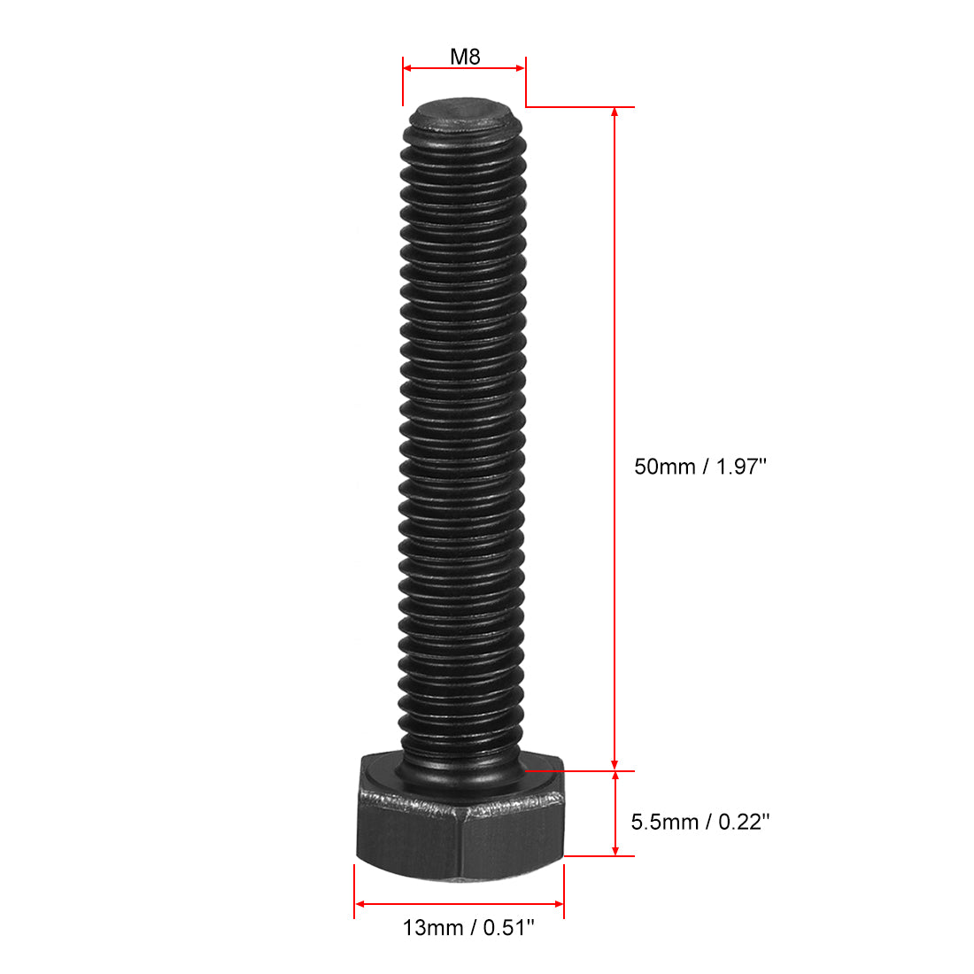 Harfington M8x50mm Hex Head Screw Bolts Fastener Grade 8.8 Carbon Steel Black 5pcs