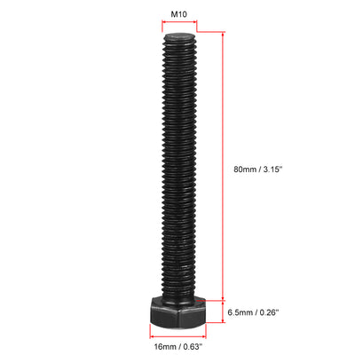 Harfington M10x80mm Hex Head Screw Bolts Fastener Grade 8.8 Carbon Steel Black 10pcs
