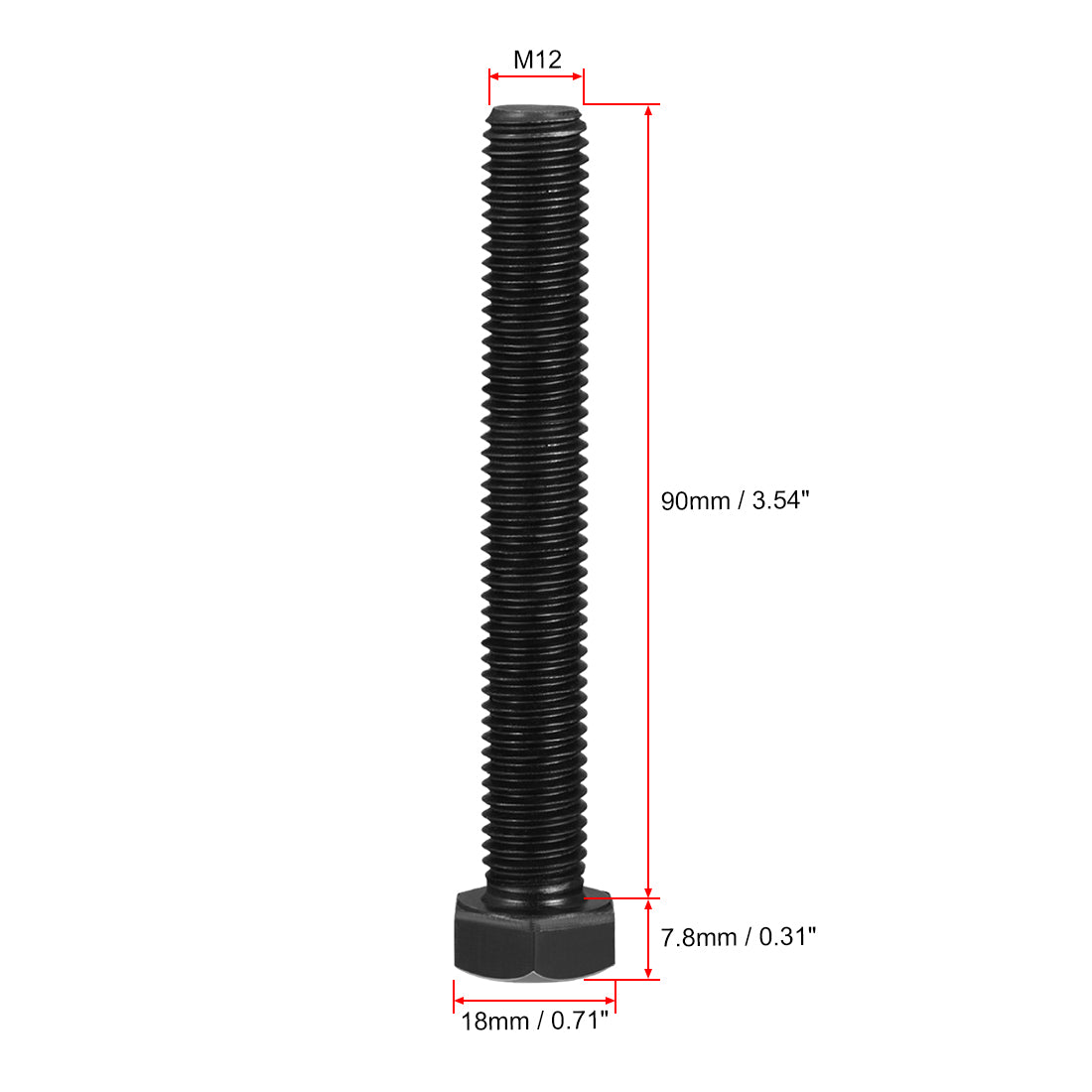 Harfington M12x90mm Hex Head Screw Bolts Fastener Grade 8.8 Carbon Steel Black 3pcs