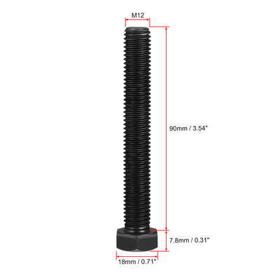 Harfington M12x90mm Hex Head Screw Bolts Fastener Grade 8.8 Carbon Steel Black 3pcs