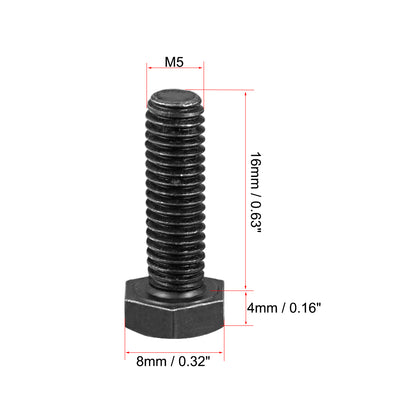 Harfington M5x16mm Hex Head Left Hand Screw Bolts Fastener Carbon Steel Black 10pcs