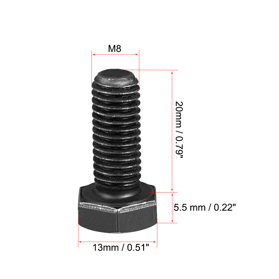 Harfington M8x20mm Hex Head Left Hand Screw Bolts Fastener Carbon Steel Black 15pcs