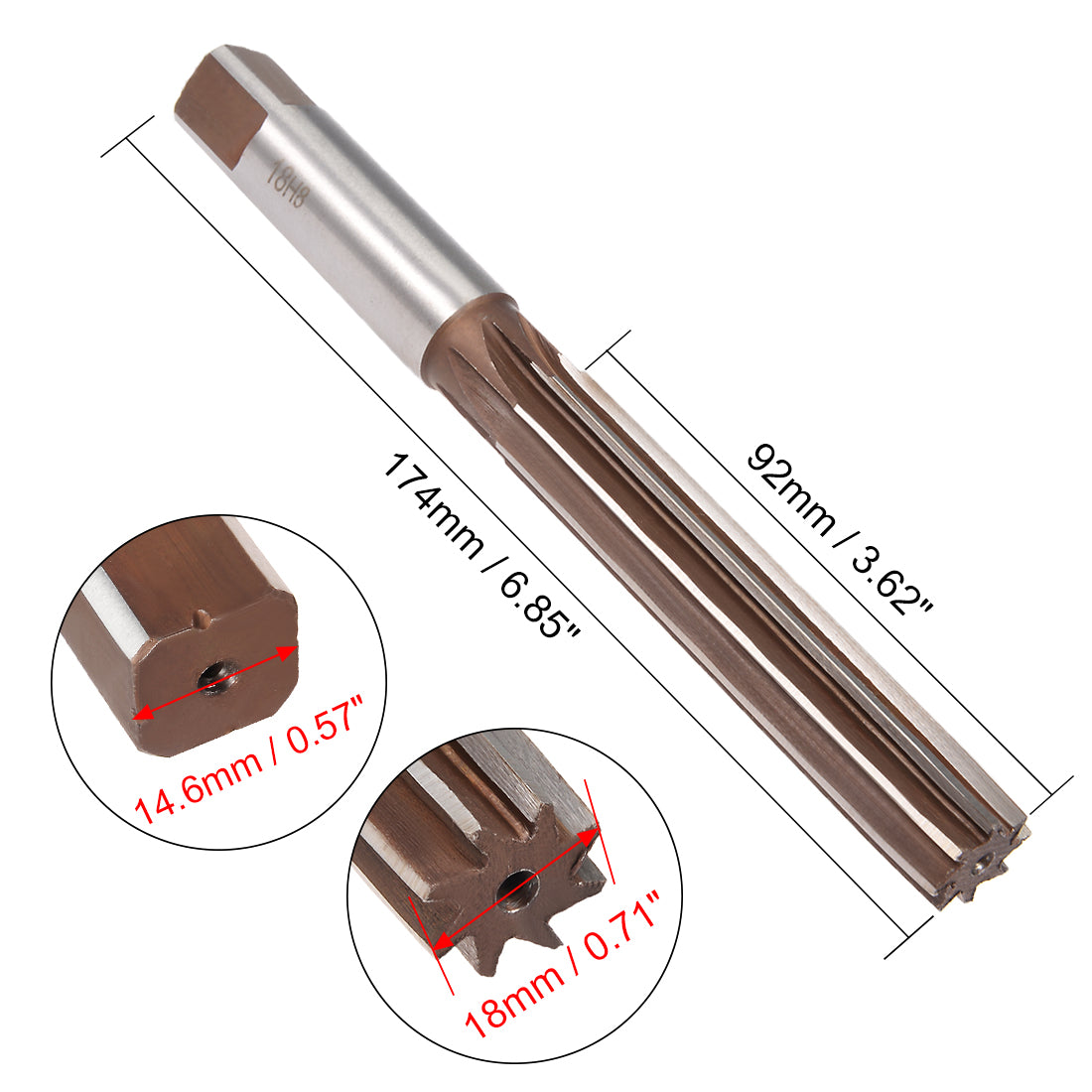 Harfington 18mm Hand Reamer Alloy Tool Steel H8 8 Straight Flutes Milling Cutter Tool