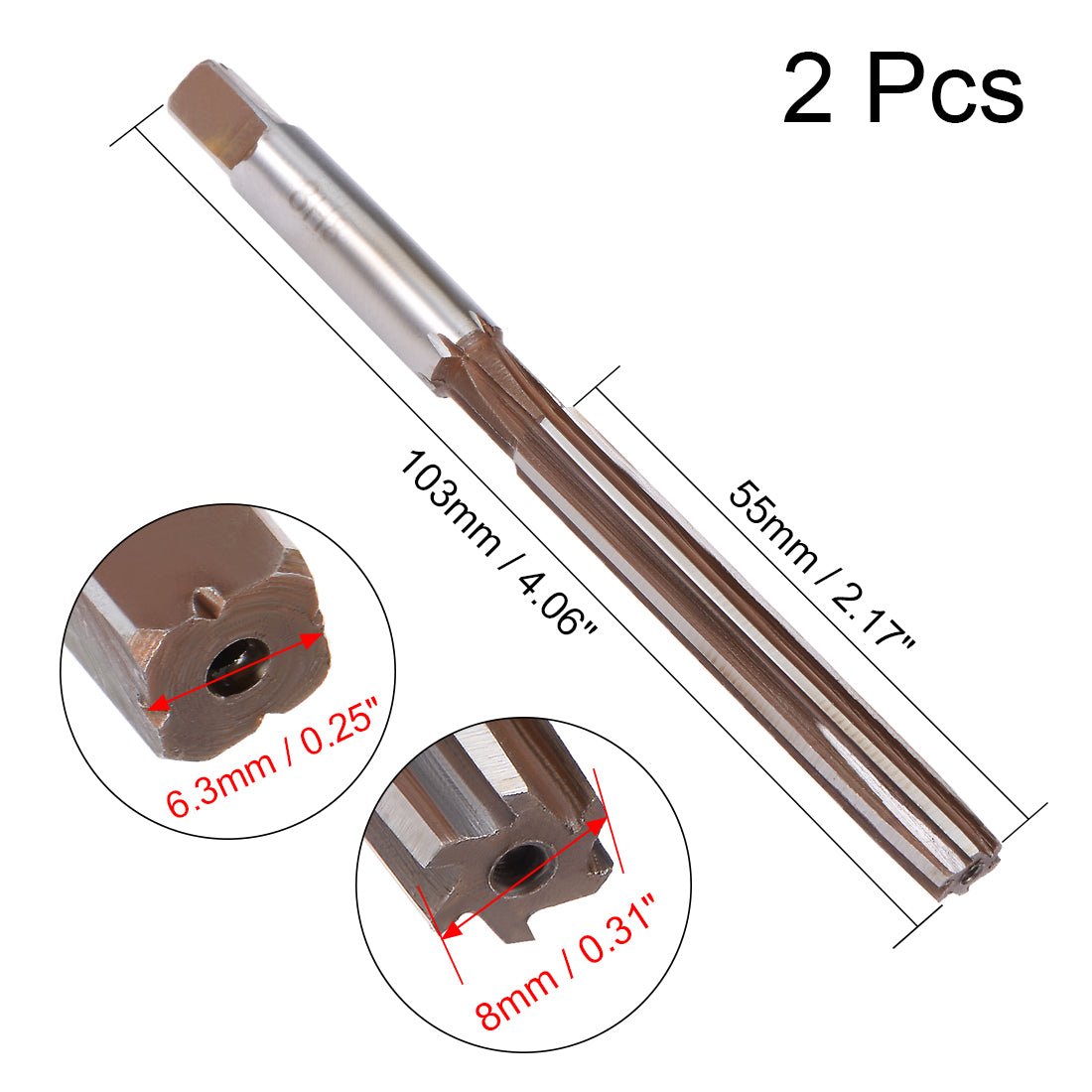 Harfington 8mm Hand Reamer Alloy Tool Steel H8 6 Straight Flutes Milling Cutter Tool 2Pcs