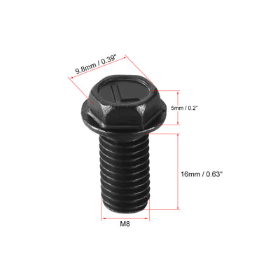Harfington M8x16mm Hex Flange Bolts Left Hand Thread 8.8 Grade Carbon Steel Black 2pcs