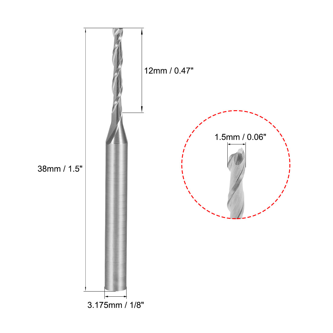 Harfington 5PCS 1/8" Shank 1.5mm x 12mm Carbide Flat Nose End Mill Cutter CNC Router Bits