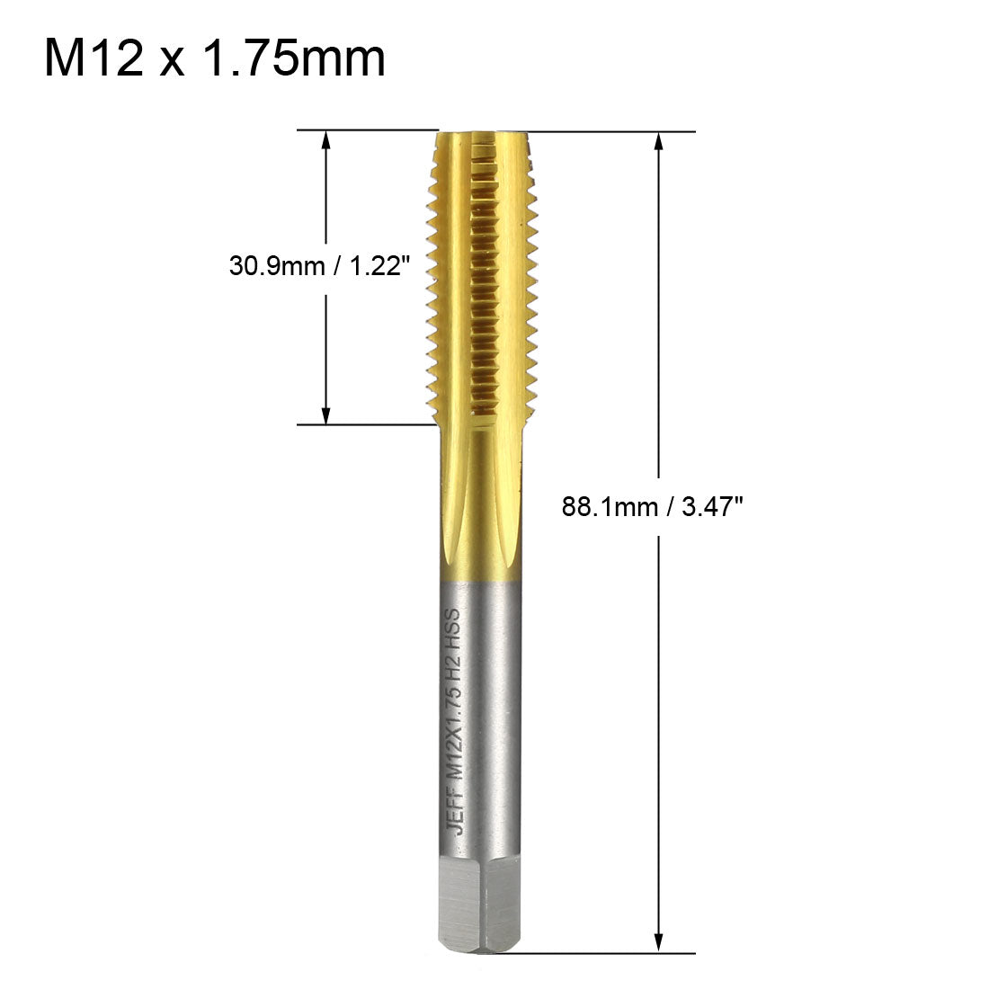 Harfington Metric Tap M12 x 1.75mm Pitch H2 Right Hand Thread Plug  HSS Ti-coated for Threading Machine Electric Drill DIY