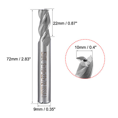 Harfington 2PCS High Speed Steel HSS-AL 3 Flute Straight End Mill Cutter CNC Router Bits, 9 x 10 x 22mm