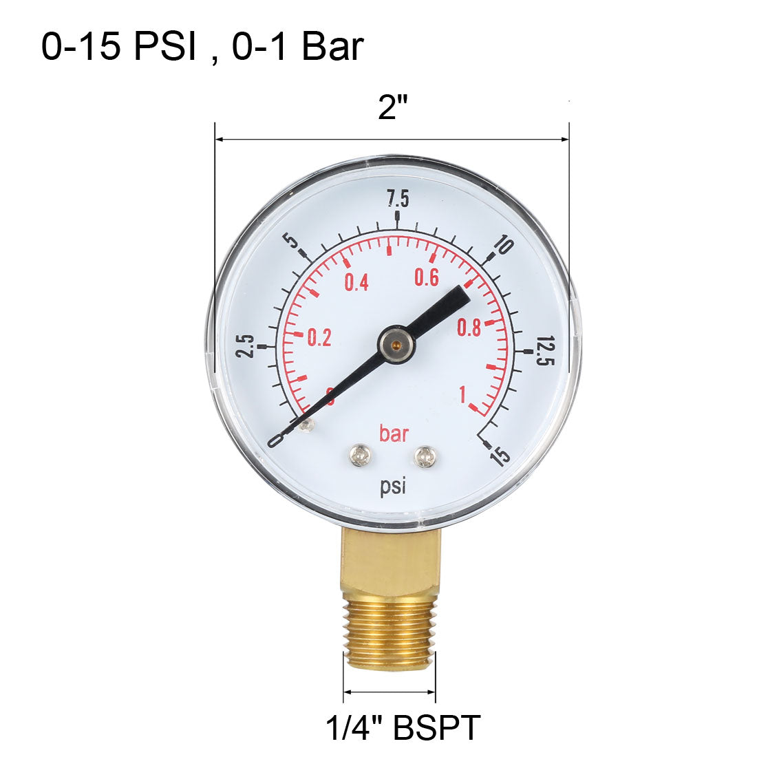 Harfington 0-15 PSI/0-1 Bar Doppelskala, 2-Zoll-Zifferblatt, 1/4-Zoll-BSPT-Außengewinde an der Unterseite