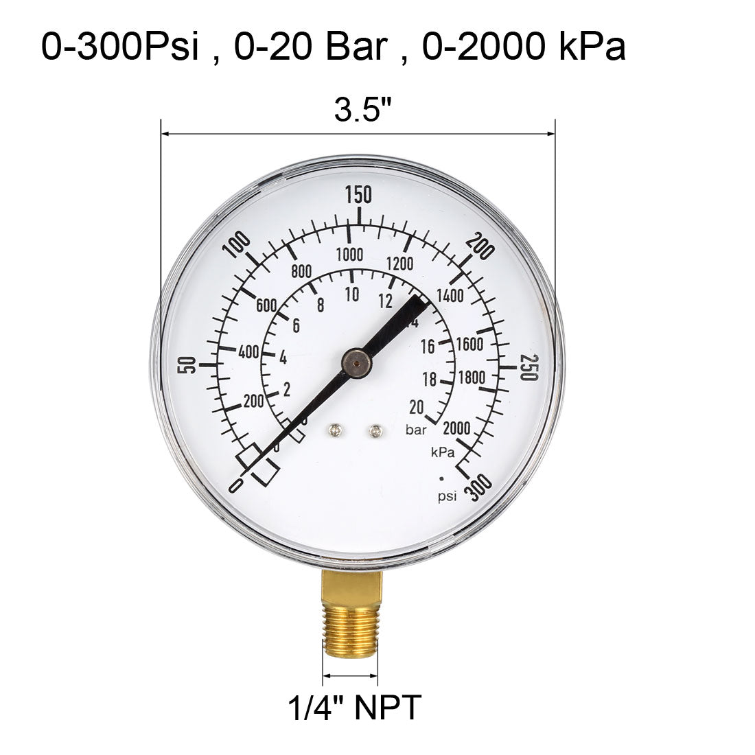 Harfington 0-300Psi/0-20 Bar/0-2000 kPa , 3.5" Dial , 1/4" NPT Male Bottom Mount
