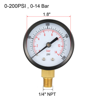 Harfington 0-200 PSI/0-14 Bar Dual Scale , 1.8" Dial , 1/8" NPT Male Bottom Mount 3pcs
