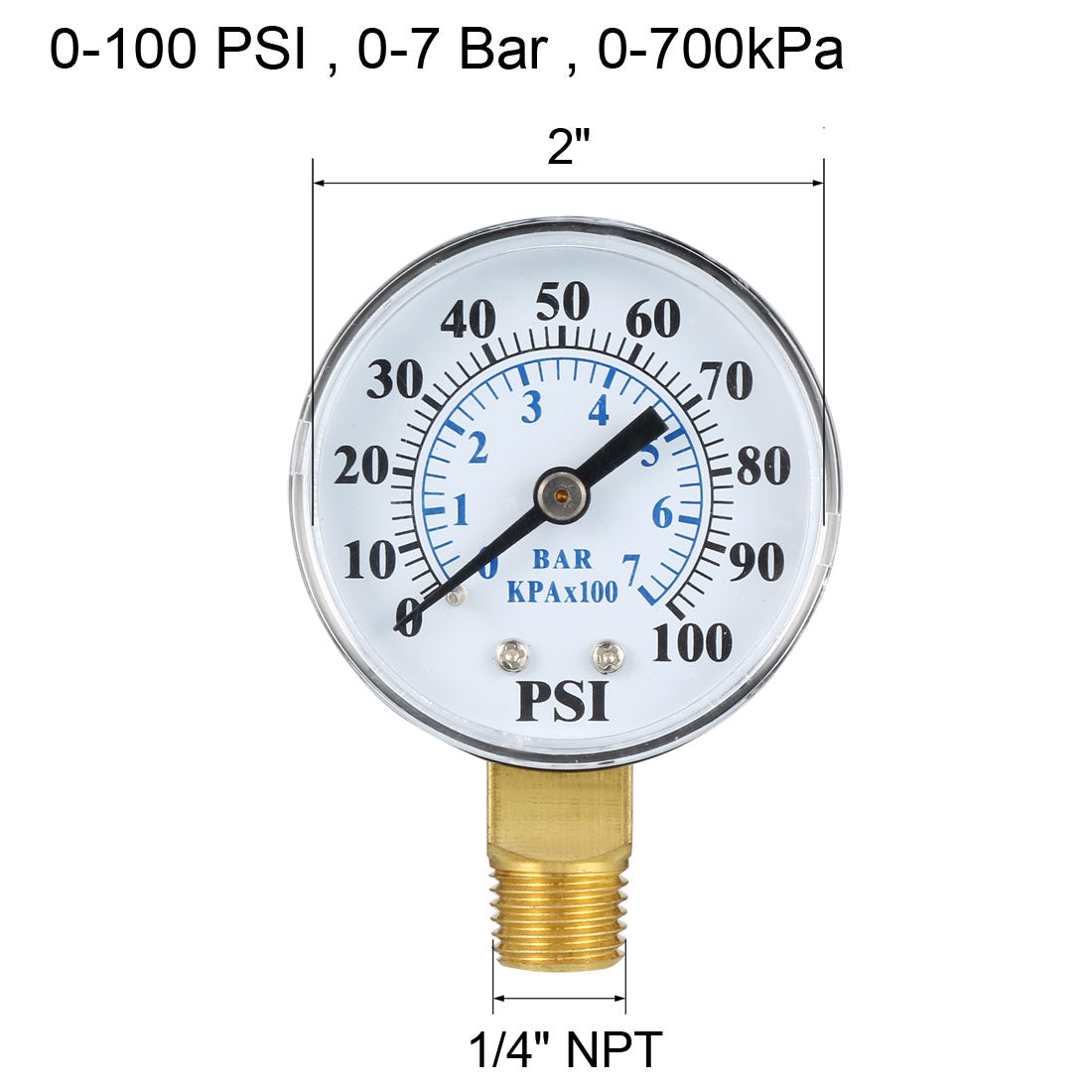Harfington 0-100 PSI/0-7 Bar Dual Scale , 2" Dial , 1/4" NPT Male Bottom Mount