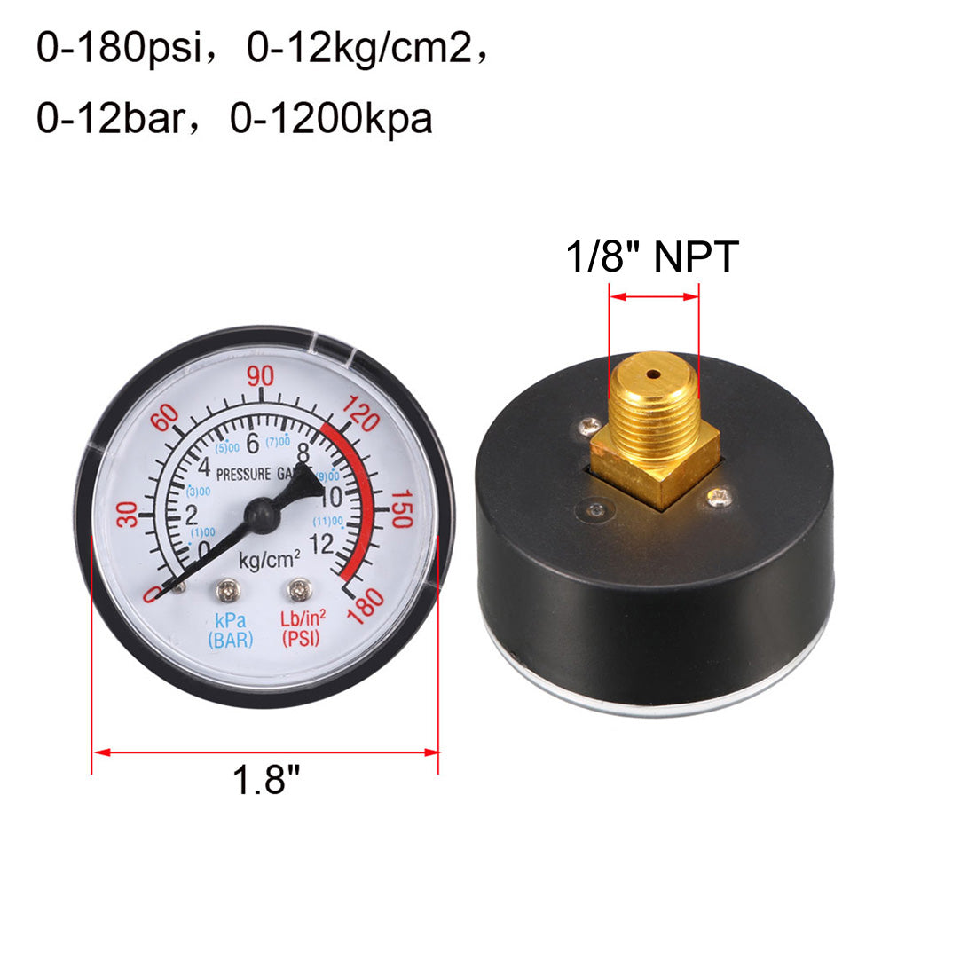 Harfington 0-180 Psi/0-12 Bar Dual Scale , 1.8" Dial , 1/4 NPT Male Center Back Mount