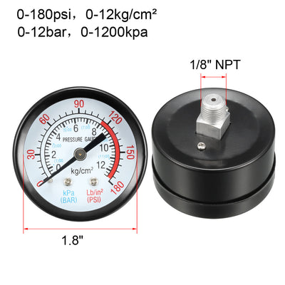 Harfington 0-180 Psi/0-12 Bar Dual Scale , 1.8" Dial , 1/4" NPT Male Center Back Mount 3pcs