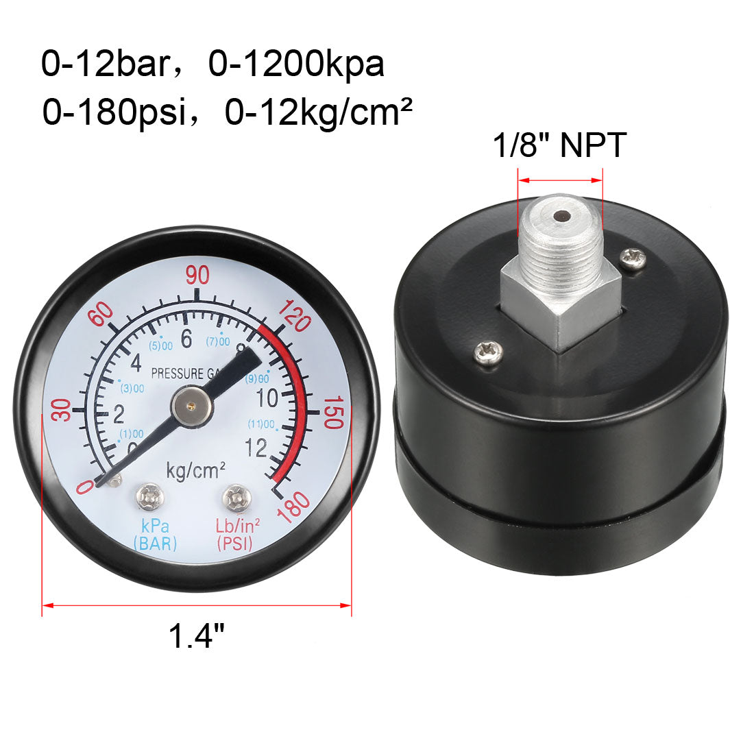 Harfington 0-180 Psi/0-12 Bar Dual Scale , 1.4" Dial , 1/8" NPT Male Center Back Mount 3pcs