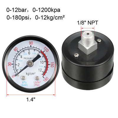 Harfington 0-180 Psi/0-12 Bar Dual Scale , 1.4" Dial , 1/8" NPT Male Center Back Mount 3pcs