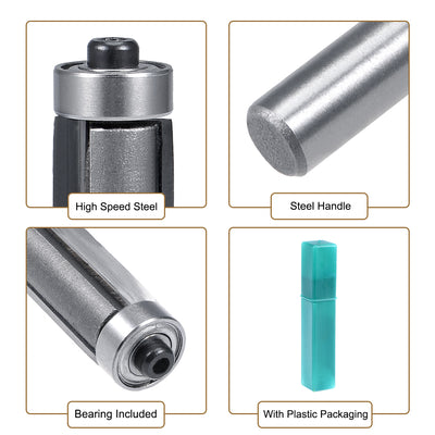 Harfington Router Bit 1/2 Shank 1/2 inch Cutting Dia. 2-1/2 inch Depth Flush Trim Bit with Bearing 2 Flutes HSS for Woodworking Milling Cutter Tool