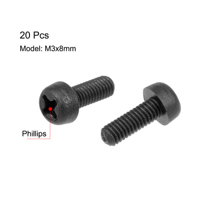 Harfington Threaded Nylon Phillips Cross Pan Head Machine Screws Bolts Black 20Pcs