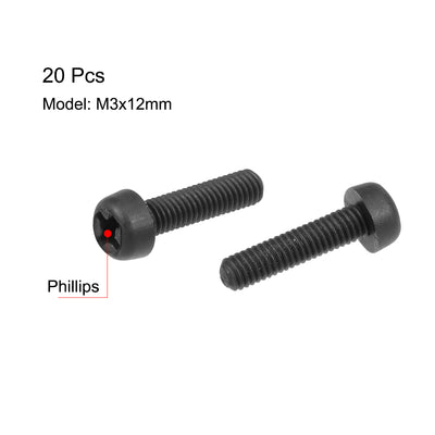 Harfington Threaded Nylon Phillips Cross Pan Head Machine Screws Bolts Black 20Pcs