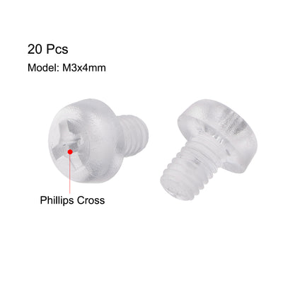 Harfington M3x4mm Plastic Screws PC Transparent Acrylic Phillips Cross Pan Hand Tighten Screw 20Pcs