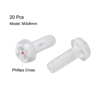 Harfington M3x8mm Plastic Screws PC Transparent Acrylic Phillips Cross Pan Hand Tighten Screw 20Pcs