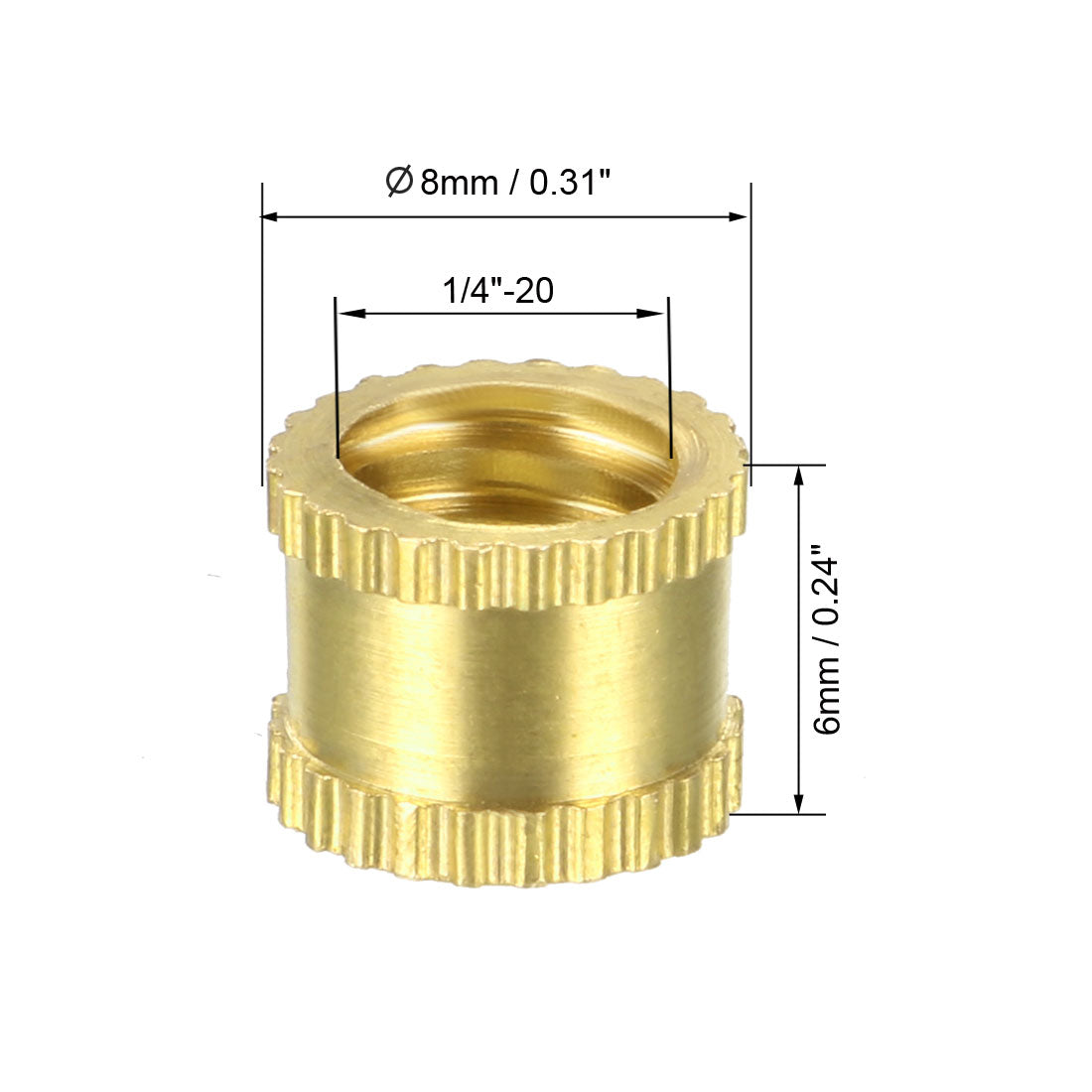 Harfington 1/4"-20 x 6mm(L) x 8mm(OD) Female Thread Brass Knurled Threaded Insert Embedment Nuts, 25 Pcs