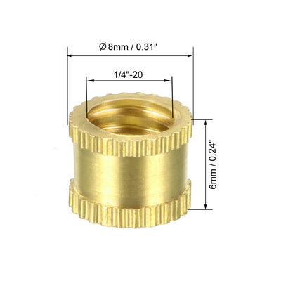 Harfington 1/4"-20 x 6mm(L) x 8mm(OD) Female Thread Brass Knurled Threaded Insert Embedment Nuts, 25 Pcs