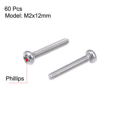 Harfington Machine Screws Pan Phillips Cross Head Screw Stainless Steel Fasteners Bolts, 60Pcs