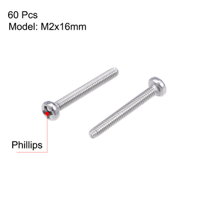 Harfington Machine Screws Pan Phillips Cross Head Screw Stainless Steel Fasteners Bolts, 60Pcs