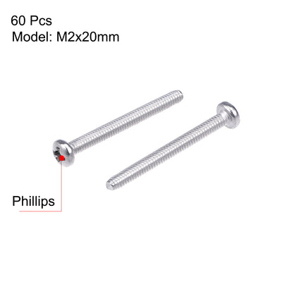 Harfington Machine Screws Pan Phillips Cross Head Screw Stainless Steel Fasteners Bolts, 60Pcs