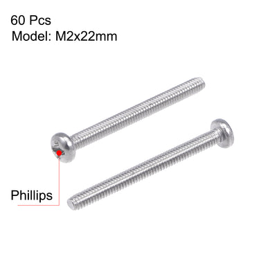 Harfington Machine Screws Pan Phillips Cross Head Screw Stainless Steel Fasteners Bolts, 60Pcs