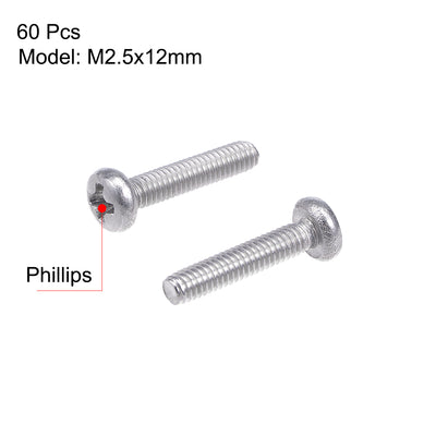 Harfington Machine Screws Pan Phillips Cross Head Screw Stainless Steel Fasteners Bolts, 60Pcs