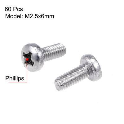 Harfington Machine Screws Pan Phillips Cross Head Screw Stainless Steel Fasteners Bolts, 60Pcs