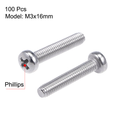 Harfington Machine Screws Pan Phillips Head 304 Stainless Steel Fasteners Bolts 100Pcs