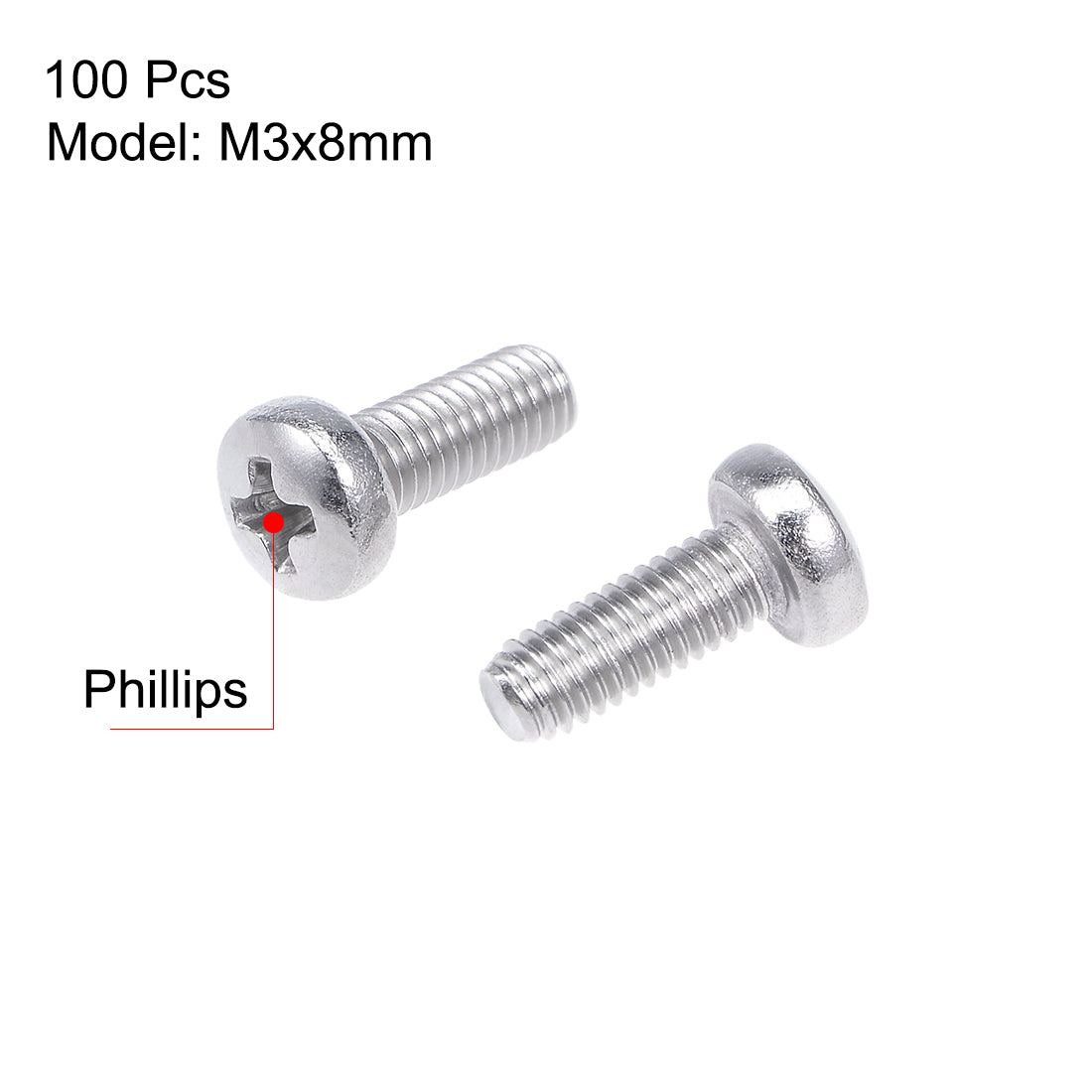 Harfington M3x8mm Machine Screws Pan Phillips Cross Head Screw 304 Stainless Steel Fasteners Bolts 100Pcs