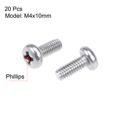 Harfington M4x10mm Machine Screws Pan Phillips Cross Head Screw 304 Stainless Steel Fasteners Bolts 20Pcs