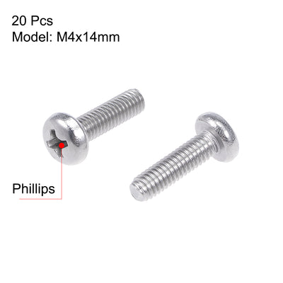 Harfington M4x14mm Machine Screws Pan Phillips Cross Head Screw 304 Stainless Steel Fasteners Bolts 20Pcs