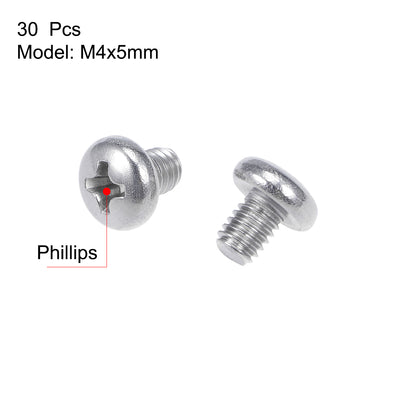 Harfington M4x5mm Machine Screws Pan Phillips Cross Head Screw 304 Stainless Steel Fasteners Bolts 30Pcs