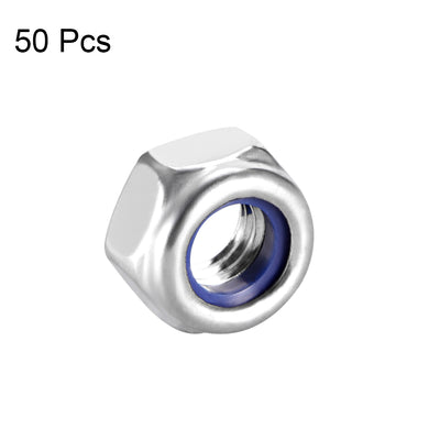Harfington M6 x 1mm Nylon Insert Hex Lock Nuts, 304 Stainless Steel, Plain Finish, 50 Pcs