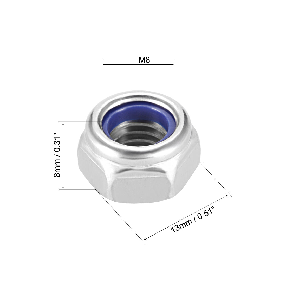 Harfington M8 x 1.25mm Nylon Insert Hex Lock Nuts, 304 Stainless Steel, Plain Finish, 25 Pcs