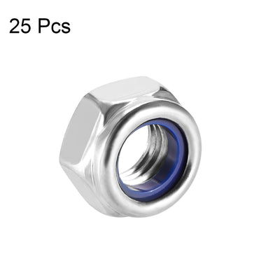 Harfington M8 x 1.25mm Nylon Insert Hex Lock Nuts, 304 Stainless Steel, Plain Finish, 25 Pcs
